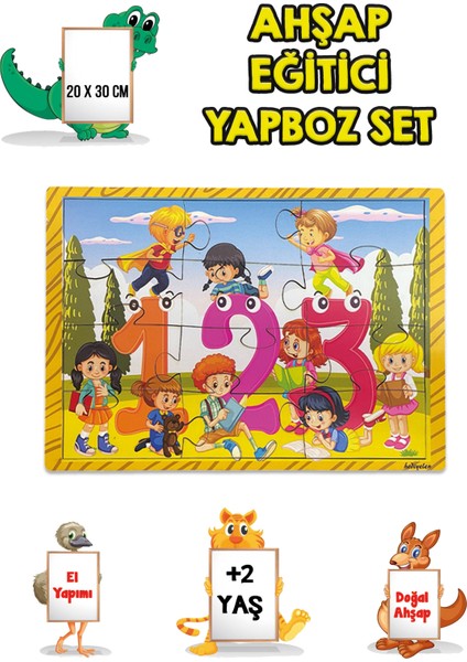 3 Lü Set Eğitici Ahşap Yapboz Puzzle 12 Parçalı Oyuncak +2 Yaş Uzay - Sayılar - Arabalar