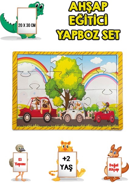 3 Lü Set Eğitici Ahşap Yapboz Puzzle 12 Parçalı Oyuncak +2 Yaş Uzay - Sayılar - Arabalar