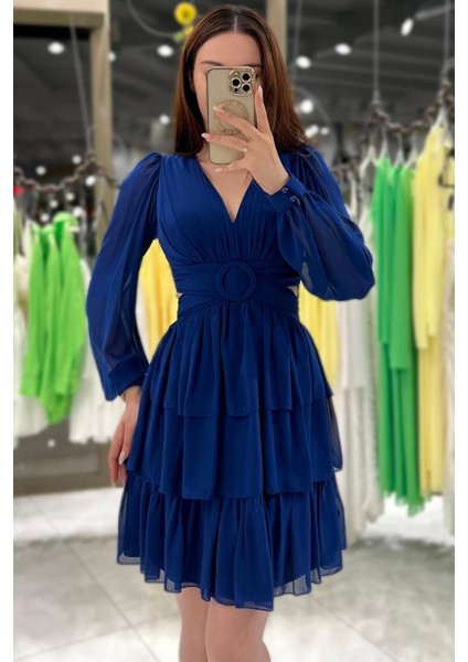 Jess Kemer Detay Mini Boy Abiye Saks Mavi