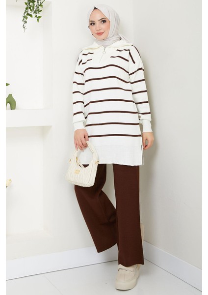 Çizgi Garnili Tunik Pantolon Ikili Triko Takım Kahverengi HM2586