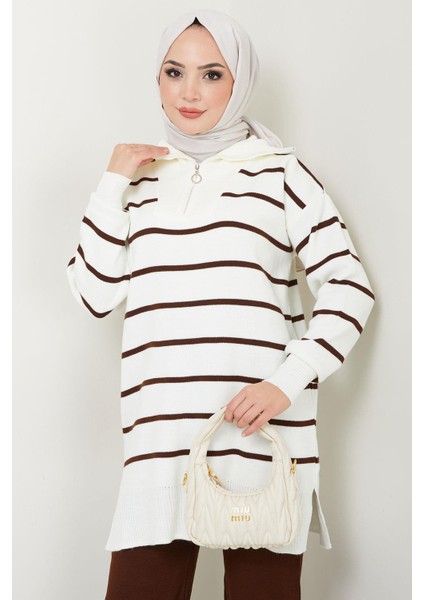 Çizgi Garnili Tunik Pantolon Ikili Triko Takım Kahverengi HM2586 fırsatları