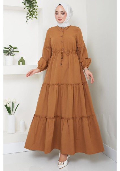 Önü Düğme Detaylı Büzgülü Elbise Taba HM2493