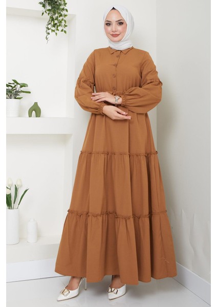 Önü Düğme Detaylı Büzgülü Elbise Taba HM2493 fiyatları