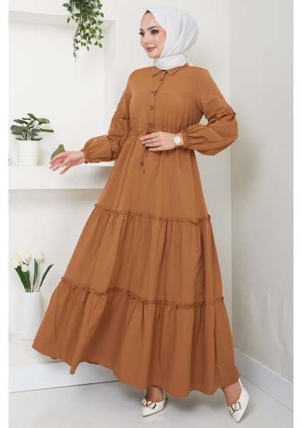 Önü Düğme Detaylı Büzgülü Elbise Taba HM2493 modelleri