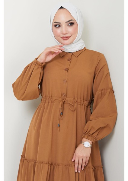 Önü Düğme Detaylı Büzgülü Elbise Taba HM2493 fırsatları