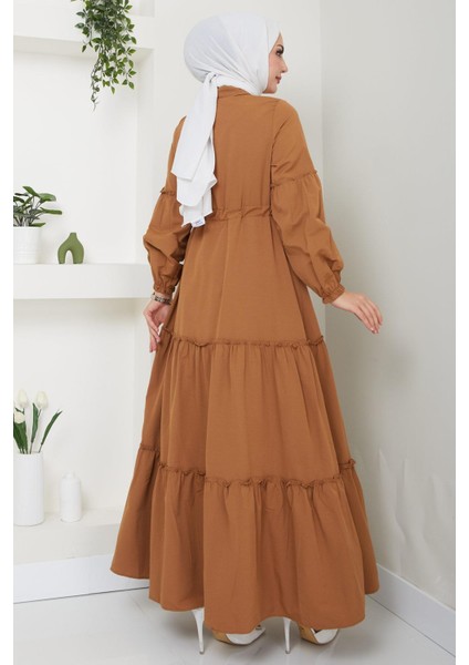 Önü Düğme Detaylı Büzgülü Elbise Taba HM2493 indirimleri