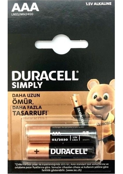 1 KART 2 ADET - DURACELL aaa ince tip PİL ALKALİNE Duracell Simply Alkalin Aaa İnce Kalem Pil 1.5V 2Li Blister (Lr03- Mn2400)