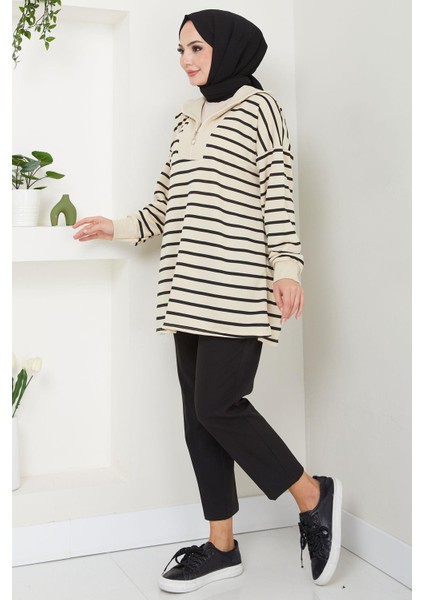 Yakası Fermuarlı Çizgili Sweatshirt Tunik Siyah HM2592