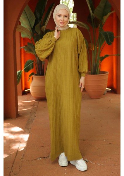 Bisiklet Yaka Balon Kol Triko Elbise Yağ Yeşili HM2518