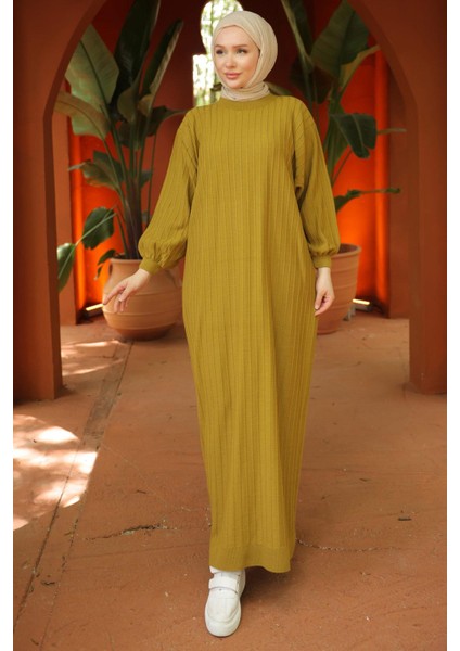 Bisiklet Yaka Balon Kol Triko Elbise Yağ Yeşili HM2518 fiyatları