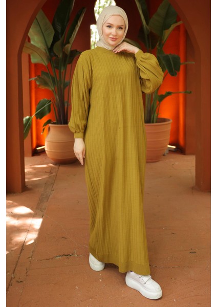 Bisiklet Yaka Balon Kol Triko Elbise Yağ Yeşili HM2518 modelleri