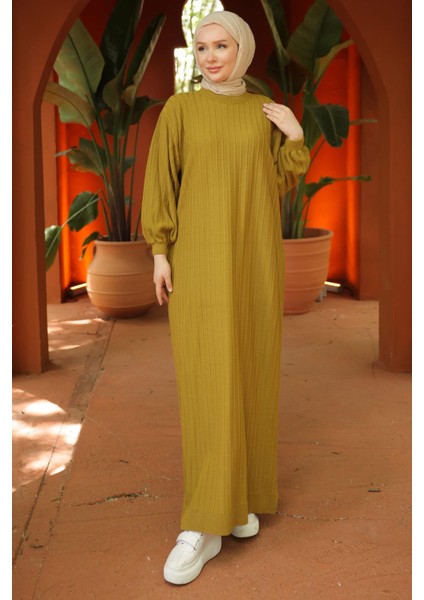 Bisiklet Yaka Balon Kol Triko Elbise Yağ Yeşili HM2518 fırsatları