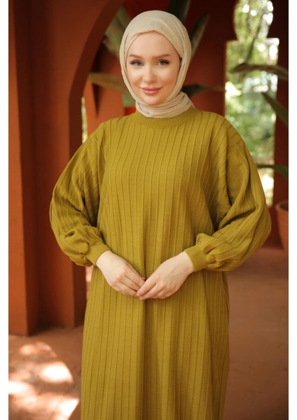 Bisiklet Yaka Balon Kol Triko Elbise Yağ Yeşili HM2518 indirimleri