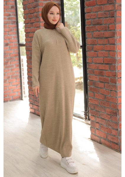 Fitilli Yarım Fermuarlı Triko Elbise Vizon HM2520 fiyatları