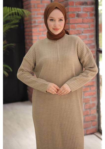 Fitilli Yarım Fermuarlı Triko Elbise Vizon HM2520 modelleri