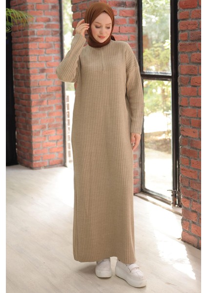 Fitilli Yarım Fermuarlı Triko Elbise Vizon HM2520 fırsatları