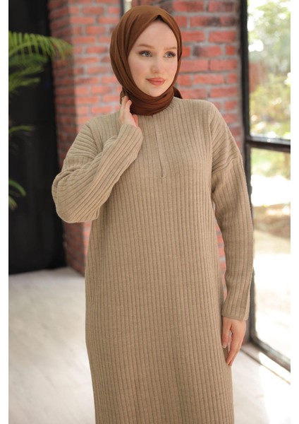 Fitilli Yarım Fermuarlı Triko Elbise Vizon HM2520 indirimleri