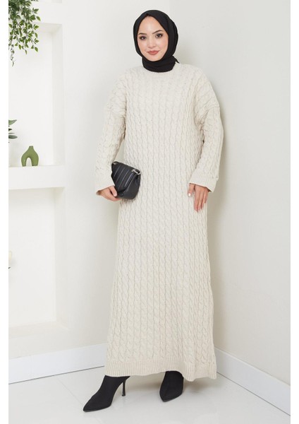 Örgü Desen Triko Elbise Taş Rengi HM2526