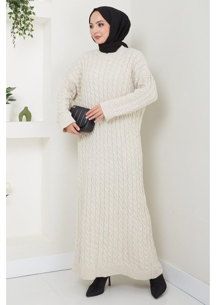 Örgü Desen Triko Elbise Taş Rengi HM2526 modelleri