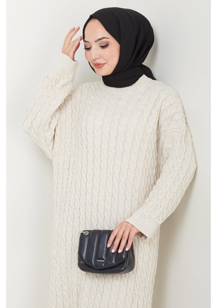 Örgü Desen Triko Elbise Taş Rengi HM2526 fırsatları