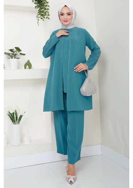 Kolları Taşlı Büyük Beden Takım Ikili Anne Takımı Mint HM2504