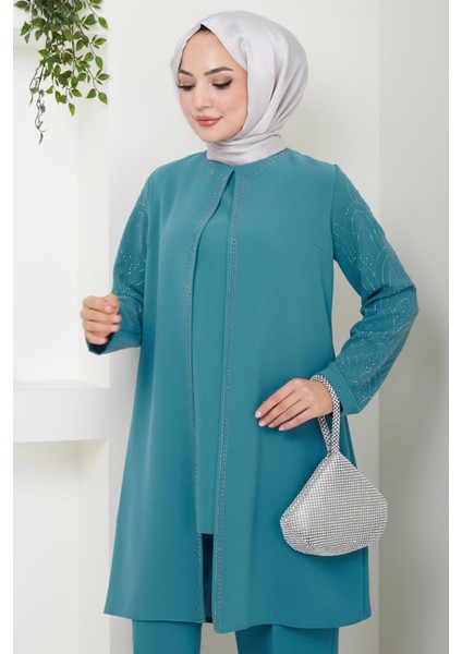Kolları Taşlı Büyük Beden Takım Ikili Anne Takımı Mint HM2504