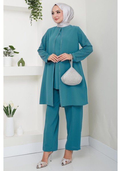 Kolları Taşlı Büyük Beden Takım Ikili Anne Takımı Mint HM2504
