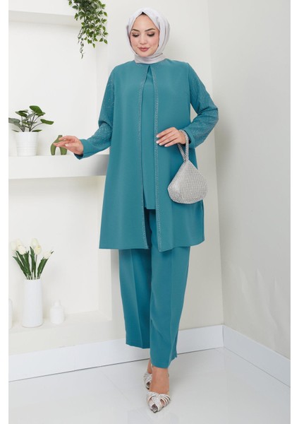 Kolları Taşlı Büyük Beden Takım Ikili Anne Takımı Mint HM2504