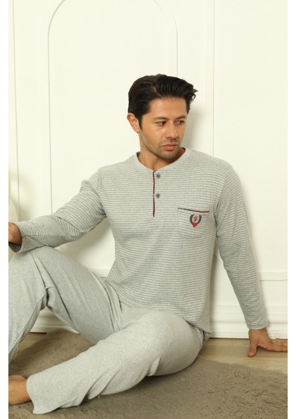 Falkom 5004 Interlok Kalın Kışlık Çizgili Erkek Ev Pijama Takımı
