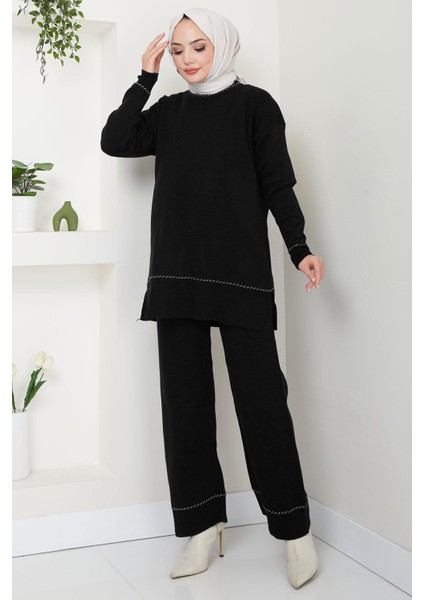 Kol ve Yaka Desen Detaylı Triko Takım Siyah HM2567 fiyatları