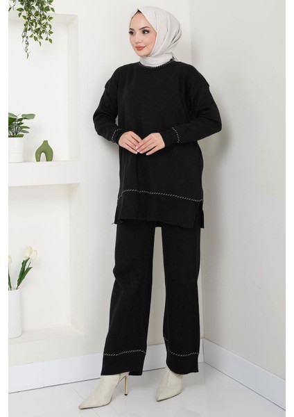 Kol ve Yaka Desen Detaylı Triko Takım Siyah HM2567 modelleri