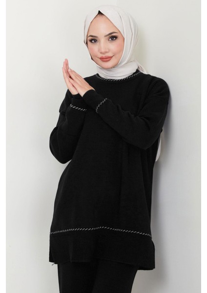 Kol ve Yaka Desen Detaylı Triko Takım Siyah HM2567 fırsatları