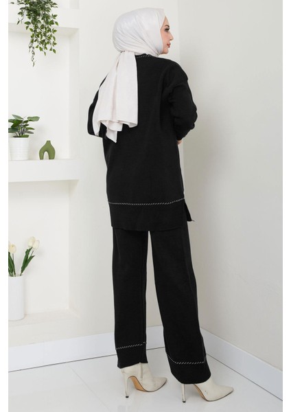Kol ve Yaka Desen Detaylı Triko Takım Siyah HM2567 indirimleri