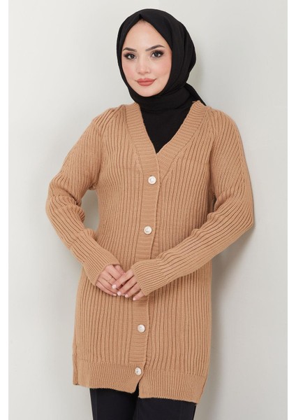 Fitilli Düğmeli Triko Hırka Camel HM2563