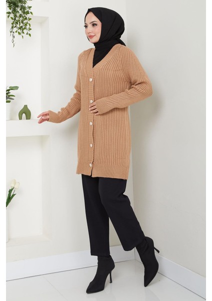 Fitilli Düğmeli Triko Hırka Camel HM2563 modelleri
