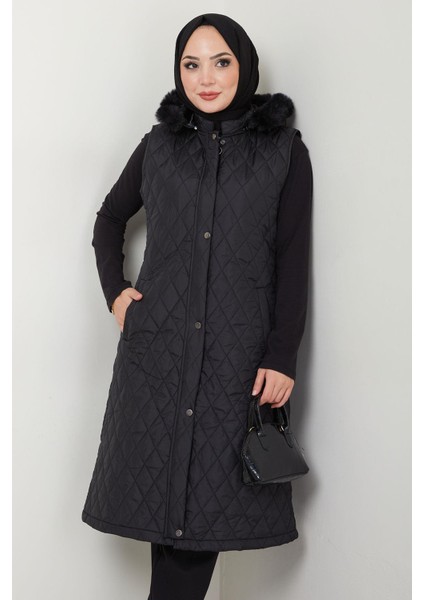 Kapüşonlu Kapitone Yelek Siyah HM2539 fırsatları