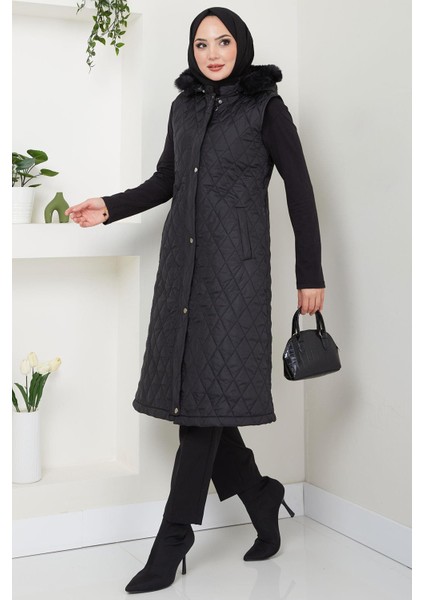 Kapüşonlu Kapitone Yelek Siyah HM2539 indirimleri