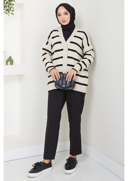 Düğme Detaylı Çizgili Araboy Triko Hırka Taş Rengi HM2516