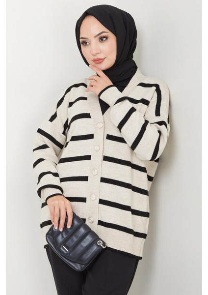 Düğme Detaylı Çizgili Araboy Triko Hırka Taş Rengi HM2516 fiyatları