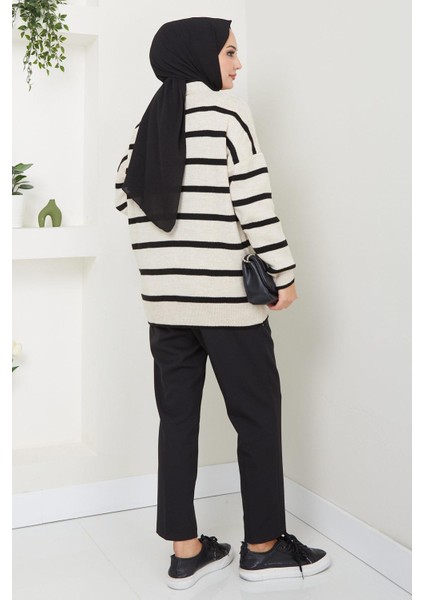 Düğme Detaylı Çizgili Araboy Triko Hırka Taş Rengi HM2516 indirimleri