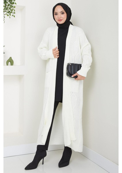 Şal Yaka Cepli Triko Hırka Beyaz HM2534