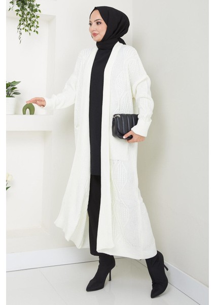 Şal Yaka Cepli Triko Hırka Beyaz HM2534 modelleri