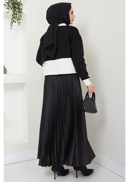 Kalp Detaylı Iki Renkli Crop Kazak Siyah HM2575 indirimleri