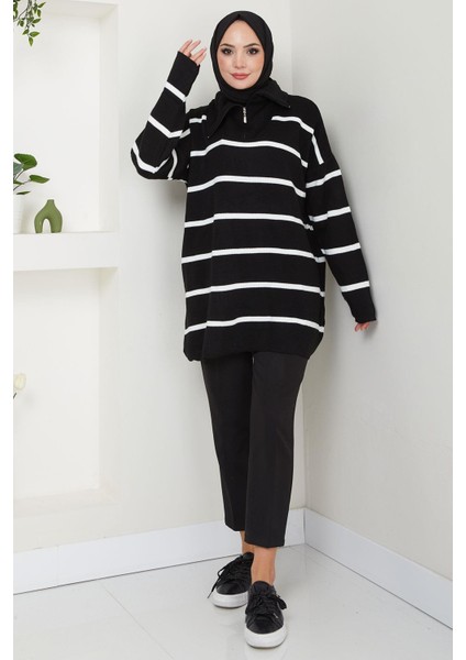Yakası Fermuarlı Çizgili Triko Tunik Siyah HM2594