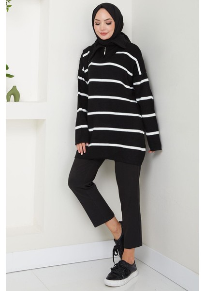 Yakası Fermuarlı Çizgili Triko Tunik Siyah HM2594 fiyatları