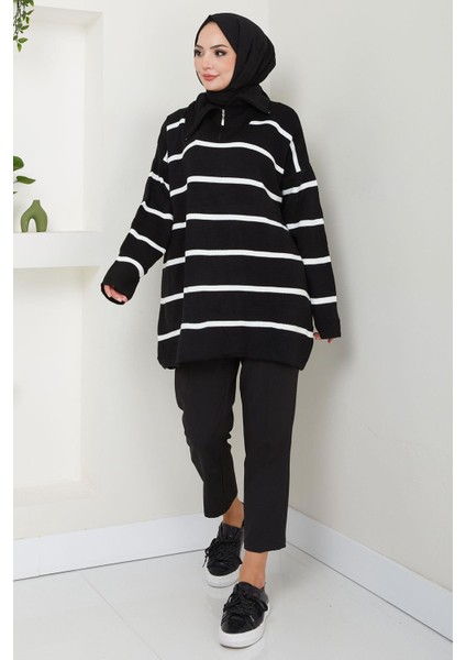 Yakası Fermuarlı Çizgili Triko Tunik Siyah HM2594 modelleri