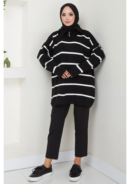 Yakası Fermuarlı Çizgili Triko Tunik Siyah HM2594 fırsatları