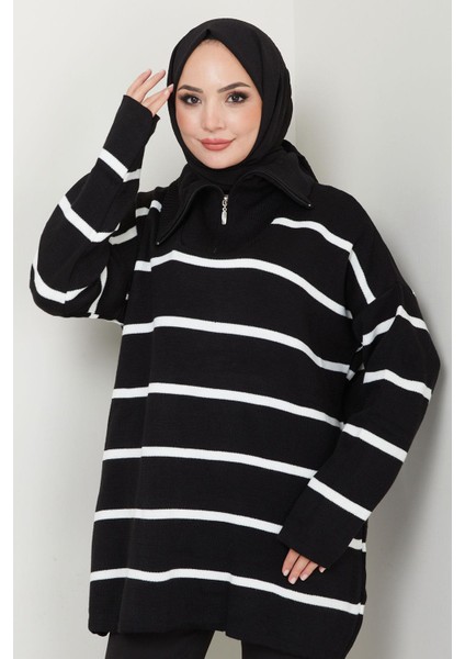 Yakası Fermuarlı Çizgili Triko Tunik Siyah HM2594 indirimleri