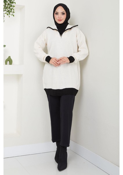 Garni Detaylı Yakası Fermuarlı Triko Tunik Beyaz HM2560 fiyatları
