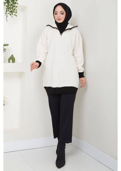Garni Detaylı Yakası Fermuarlı Triko Tunik Beyaz HM2560 modelleri
